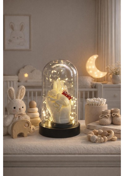 Fanus İçinde Bebek, El Figürü Ve Welcome Baby Yazı Detayı İle Peri Led Dekor Yeni Doğan Hediyesi Beyaz