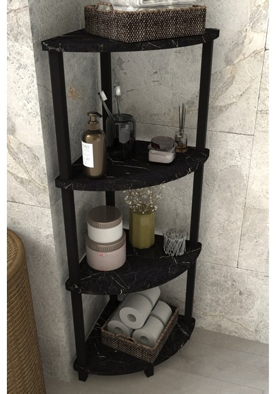 Decoline Banyo Rafı 4 Katlı Moblen Modern Organizer Depolama Ünitesi-siyah Mermer Desen Siyah