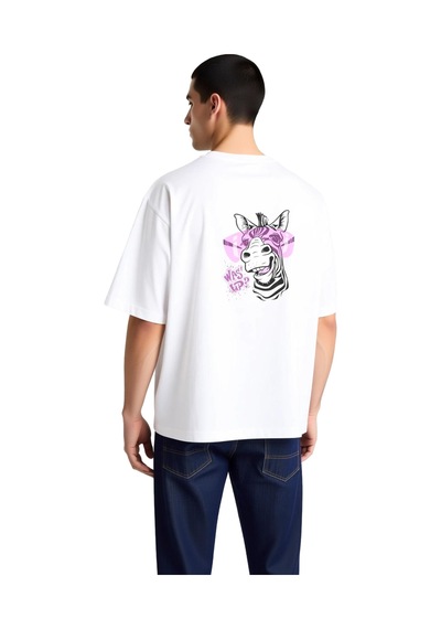 Paybuy Erkek Oversize Grafik Baskılı Tişört Cartoon Zebra Tasarımı Dijit Beyaz
