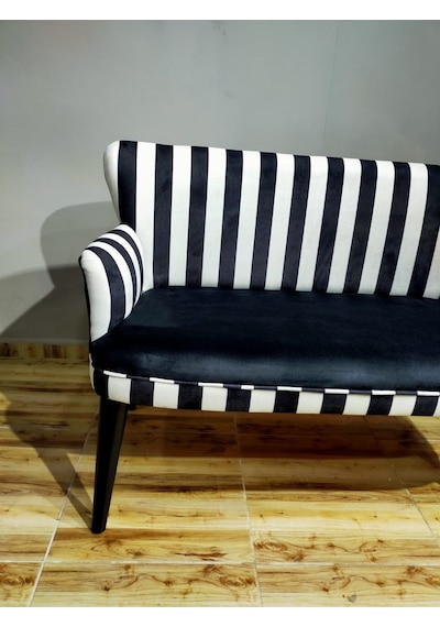 Azra Mobilya Ikili Koltuk - Kanepe - Nubuk Kumaş - Ahşap Ayak - Modern Tasarım - Zebra Siyah-beyaz