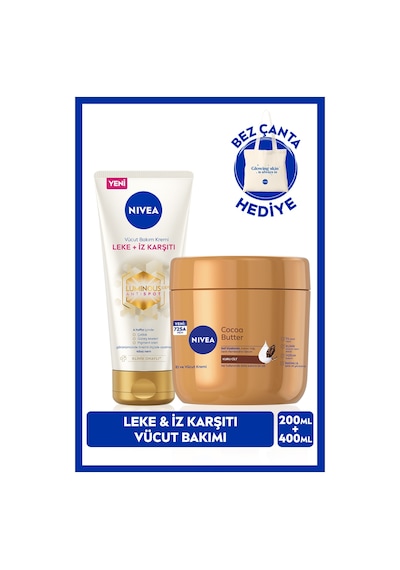NIVEA Luminous630 Leke İz Karşıtı Vücut Kremi 200 ML + Cocoa Butter Nemlendirici Serum 400 ML + Çanta