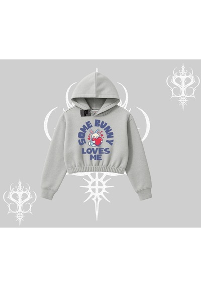 Startmore Kapşonlu Crop Sweatshirt Sevimli Tavşan Some Bunny Loves Me Baskılı Gri