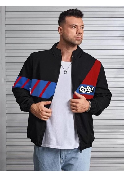 Tarzyeri Unisex Uzun Koll Fermuarlı Baskılı Rüzgarlik - Siyah 001