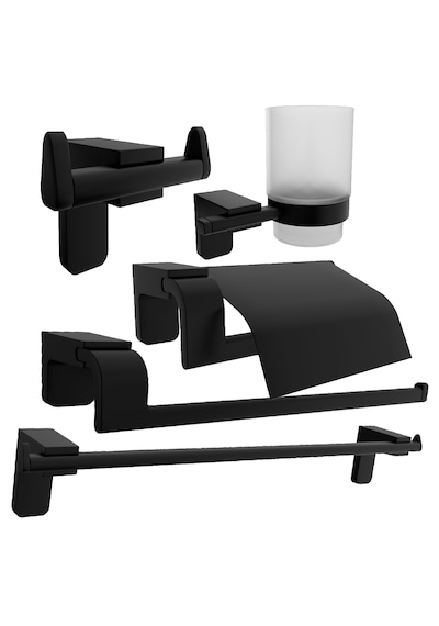 Siyah Lux 5 Li Banyo Set Wc Kağıtlık,bornozluk,uzun Havluluk Mat Siyah