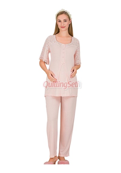 Lady Bebe Pembe Renkli Dantel Detaylı 33207 Kısa Kol 2 Parça Lohusa Hamile Pijama Takımı Açık Pembe