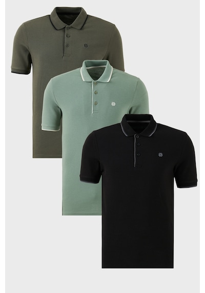 Buratti Pamuklu Slim Fit Şerit Detaylı Düğmeli Polo Yaka 3'Lü Paket Erkek T Shirt 5902118S3 Siyah-Haki-Elma Yeşili-Beyaz