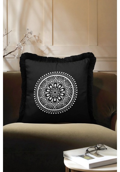 Mandala Motifli Saçaklı Yastık Kılıfı - Bohem Siyah Beyaz Püsküllü Kırlent Kılıfı Orman Nane Yeşili