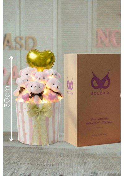 Sevgililer Gününe Özel: Led Peri Işıklı Gold Detaylı Premium Silindir Kutuda, Kalpli Balonlu 6 Lı Pembe Ayıcık Buketi