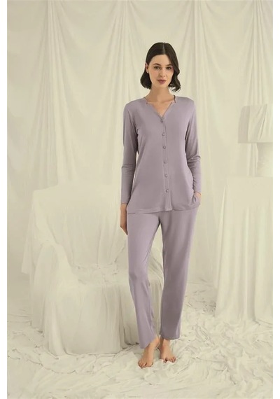 Ang Butik Kadın Uzun Kollu Boydan Düğmeli V Yaka Pijama Takımı Gri