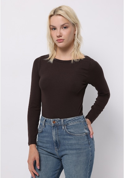 Colins Slim Fit Kayık Yaka Düz Kadın Kahverengi Uzun Kol Tişört Cl1070957 Q1.v2 Brw Kahverengi