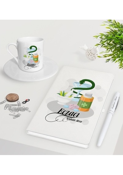 Kişiye Özel Eczacı Beyaz Defter Kalem Türk Kahvesi Fincanı Seti-6