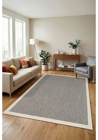 Çerçeveli Bohem Dokunuşlu Doğal Tonlarda Modern Sisal Gri Krem Renk Halı