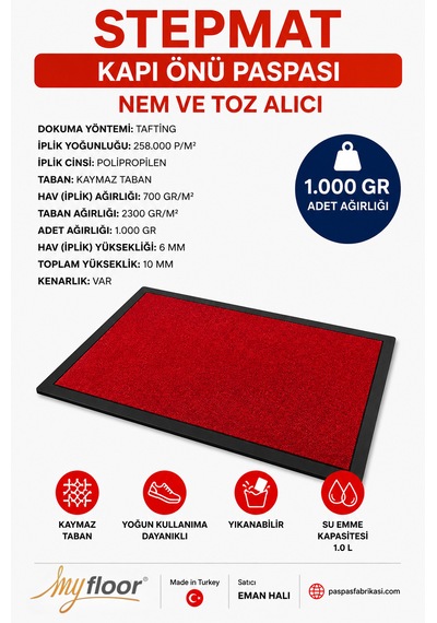 Nem Alıcı Toz Tutucu Çamur Sıyırıcı Pvc Taban Ve Pvc Bordürlü Velür Kırmızı Halılı Kapı Önü Paspası