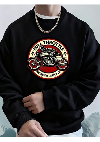 Startmore Tarzsokak Tam Gazlı Motosiklet Baskılı Erkek Kapüşonlu Üstü Sonbahar Bisiklet Yaka Sweatshirt Temel Pol Siyah
