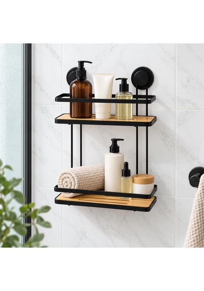 Deconox Metal Bambu Banyo Rafı 2 Katlı, Delmeden Yapışkanlı Duş Düzenleyici Raf, 25 X 10 Cm, 32 Cm Yükseklik, Şampuan Ve Duş Jeli Organizeri Aahşap