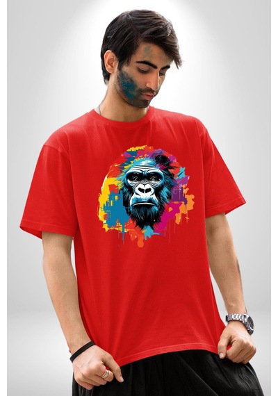 Renkli Maymun Goril Pamuklu Bisiklet Yaka Unisex Oversize Boyfriend Dijital Baskılı Kırmızı T-shirt Kırmızı