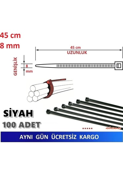 100 Adet 45Cm X 8Mm Plastik Kelepçe Kablo Bağı Siyah