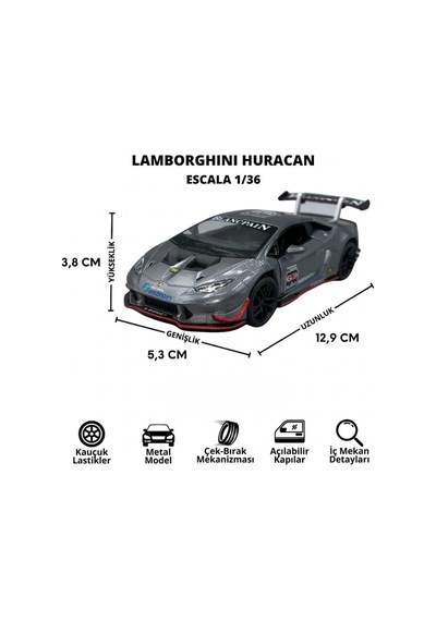 Gri Lamborghini Huracan 1/36 Ölçek Metal Çek Bırak Model Araba Çok Renkli