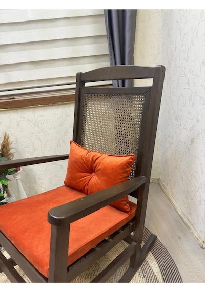 Asedia Veranda Ceviz Turuncu Minderli Hasırlı Sallanan Sandalye Dinlenme Koltuğu