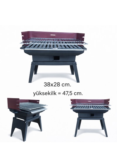 Piknik Mangalı Siperli, Oluklu Izgara + Tel, Katlanır - 1045 Açık Gri