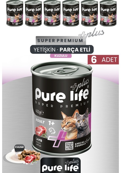Pure Life Plus 6'lı Kuzulu Yetişkin Kedi Chunk Konserve Parça Etli Yaş Mama 400 G