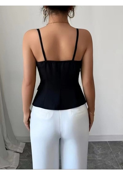DefyModa Kadın Askılı Önü Döğmeli Atlas Bluz Siyah