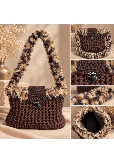Kahverengi Leopar Detaylı El Örgüsü Çanta Leopar - Kahverengi