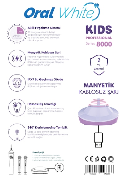 Oral White Professional Series 8000 Çocuklara Özel Şarjlı Diş Fırçası Mor Color Kids Yumuşak Başlık