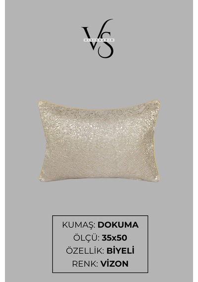 Kırlent Kılıfı Desenli Jakarlı Dokuma Kumaş 2'li 45x45 Ve 35x50 Çift Taraflı Biyeli Vizon