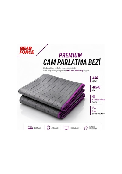 Robeve Bear Force Karbon Premium Oto Cam Parlatma Bezi 40x40 Cm 400 Gsm Karbon Fiber Dokulu Mikrofiber Araç Cam Temizleme Bezi Izsiz Cam Ayna Ekran Ve Parlak Yüzey Temizlik Havlusu