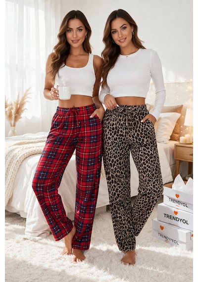 Rindahomewear Kadın Lux Süet Leopar Ekose Pıjama Tek Alt Diz Yapmaz Çok Renkli