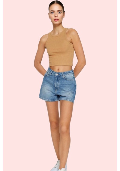 Ersefa Kadın Pamuklu Denim Şort City Short Kalıp Mom Siluet Rahat Günlük mavi