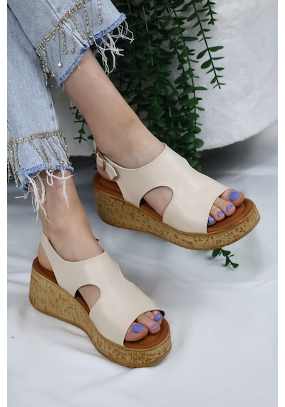 Asmi Shoes Kadın Elena Mantar Taban Ortopedik Sandelet Bej Bej
