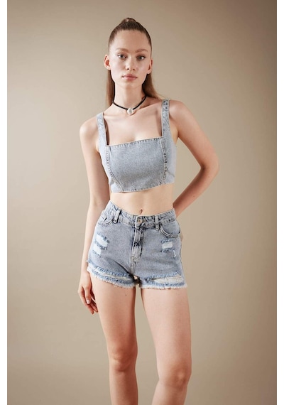 Defacto Jean %100 Pamuk Crop Bluz A8524AX23HSNM39