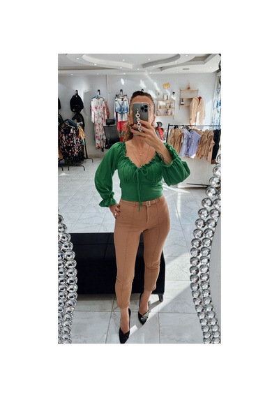 Wellway Tokalı Likralı Plazzo Mango Model Pantolon Bej Bej