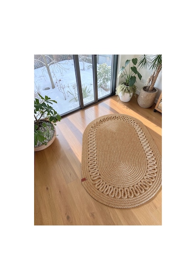Oval Jüt Hasır Halı Görünümlü Doğal Boho Balkon Banyo Oturma Odası Kapı Önü Paspas Bej 860458852 Bej