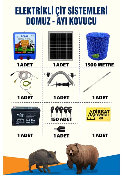 1500mt 15-25 Dönüm 12v Akü Ve 25w Güneş Panelli Elektrikli Çit Sistemi + Kapı Yaylı Set