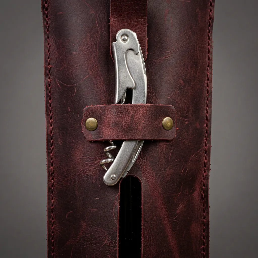 %100 Hakiki Deri Hediyelik Şarap Taşıma Çantası - Tirbüşon Tutuculu Şişe Çantası 31x15 Cm Bordo