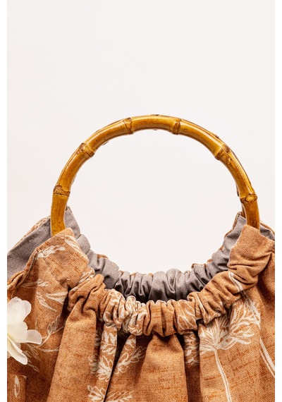 Fabric Craft Bag El Çantası Keten Kumaş Bambu Saplı Çiçek Desen Taba - Kahverengi