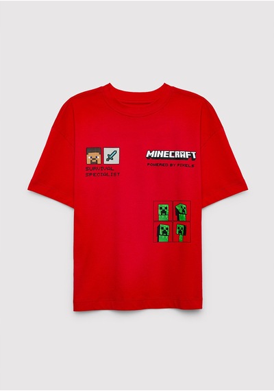 Mavi - Minecraft Baskılı Kırmızı Tişört 6610478-70478