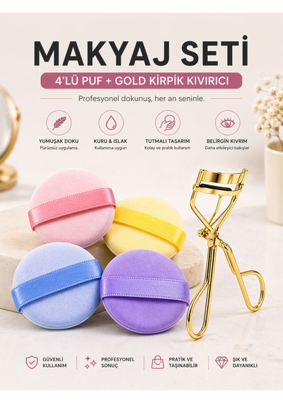 5 Parça Makyaj Seti Gold Kirpik Kıvırıcı Ve 4'lü Tutmalı Parmak Pudra Pufu Sünger Seti Çok Renkli