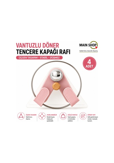 Mainshop Vantuzlu Döner Kapak Tutucu 4 Adet - Delme Gerektirmeyen Mutfak Rafı M-56 Pembe