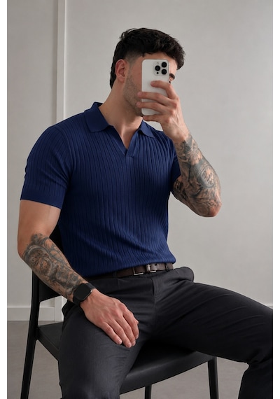 Tarz Cool Premium Fitilli Triko Polo Yaka Erkek Old Money T-shirt Lacivert