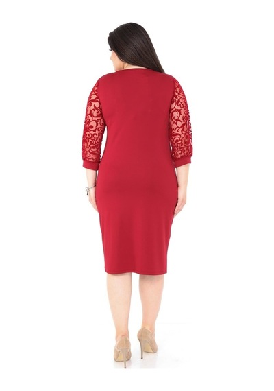 Bordo Flok Kol Büyük Beden Elbise 1E-1039 Bordo