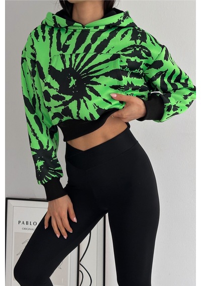 Femelle Yeşil Kapüşonlu Kanguru Cepli Renkli 3 İplik Şardonlu Crop Sweatshirt