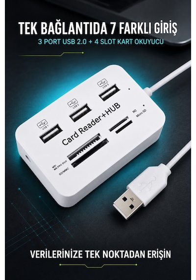 Usb 2.0 Çoklayıcı Hub 3 Port 4 Slot Kart Okuyucu Sd Micro Sd Mmc Ms 480 Mbps Tak Çalıştır Beyaz Abs