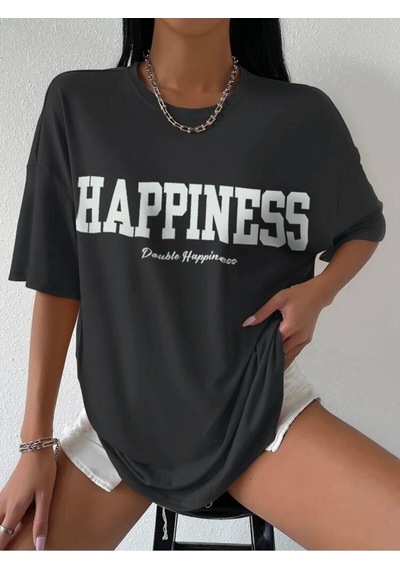 Noıssey Chulchan Shop Happiness Baskılı Beyaz Oversize T-shirt Siyah