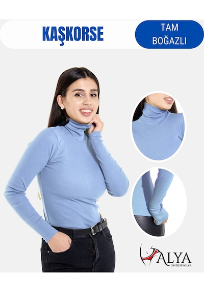 Alya Underwear Kaşkorse Tam Boğazlı Body Sweatshirt, Fitilli Kumaş, Likralı, Gül Kurusu Gök Mavi