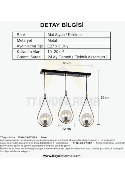 Tt024-3S-Sy-Kr Tt Aydınlatma Mat Siyah-Krom 3 Lü Sıralı Avize