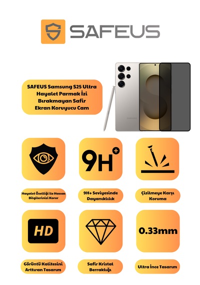 Safeus Tam Kaplayan Hayalet Parmak İzi Bırakmayan Safir Ekran Koruyucu Cam , Samsung S25 Ultra İle Uyumlu